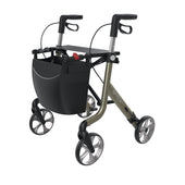 Blue Rehasense Space LX rollator with four wheels, ergonomic handles and black storage bag, side view.