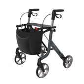 Blue Rehasense Space LX rollator with hand brakes, ergonomic handles, black bag, and aluminium frame, side view.