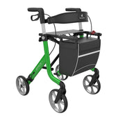 Green Rehasense Space LX rollator with four wheels, handlebars, seat and front storage bag, side view.