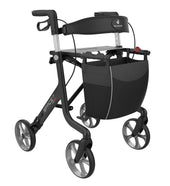 Rehasense Space Carbon Fibre rollator with four wheels, seat, hand brakes and front storage bag, side view.