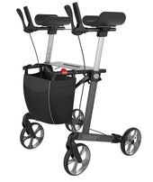 Grey Rehasense Server W Navigator forearm walker with ergonomic handles, adjustable armrests, basket and four wheels, side view.
