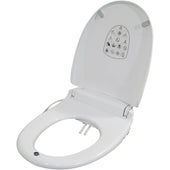 White Aidapt ELoo toilet seat with built-in bidet nozzle and control icons, top view.