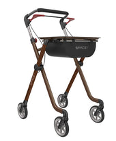 Rehasense Space I Indoor Rollator in toffee, lightweight with four wheels, height adjustable handles and storage basket, side view.