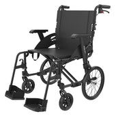 Black Rehasense Icon 35 ultra lightweight aluminium wheelchair with ergonomic seat and adjustable armrests, side view.