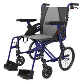 Black Rehasense Icon 35 ultra lightweight aluminium wheelchair with mesh seat and adjustable arm rests, front angle view.