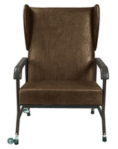 Brown bariatric high back chair with winged sides, armrests and four wheels, front view on white.