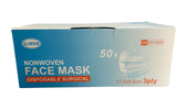 Drive Type II surgical face masks pack of 50, 3-ply, size 17.5x9.5cm, high filtration, blue and white box front view.