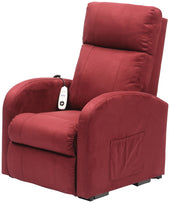 Aidapt Daresbury wine-coloured riser recliner chair with single motor, remote control and side pocket, angled front view.