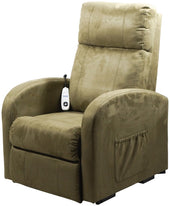 Wine-coloured single motor riser recliner chair with lift, recline, remote control and side pocket, front angle view.
