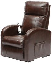 Black single motor riser recliner chair with remote and side pocket on white background, front angle.