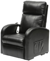 Black Aidapt Daresbury single motor riser recliner chair with padded arms, side pocket and remote, shown from the front.