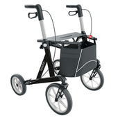 Black and silver four-wheel rollator with height-adjustable handles, flat seat and storage bag, front view.