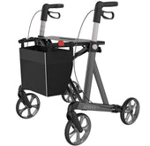 Black four-wheel rollator with hand brakes, seat and basket under the seat, side view.