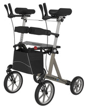Forearm walker with 4 large wheels, forearm supports and storage bag for rehab use, front angle.