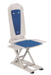 White and blue adjustable bathlift chair with high backrest and flat seat, for use in a bath, side view.
