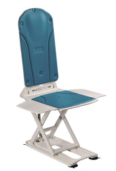 Kanjo Silverline bathlift with blue and white adjustable seat, antibacterial surface, shown from side view.