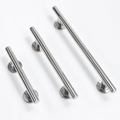 Three stainless steel grab rails in different lengths, shown side by side on a white surface, top view.