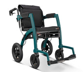 Jungle green all-terrain rollator and wheelchair with pneumatic tyres and footrests, side view.