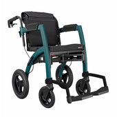 Jungle green all-terrain rollator and wheelchair with pneumatic tyres and footrests, side view.