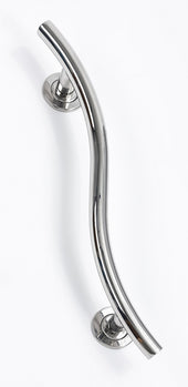 Stainless steel curved grab rail with a shiny finish, mounted against a plain white background, side view.