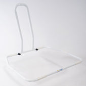 White metal bed rail with tall handle and rectangular base for support when getting out of bed, side view.