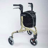 Champagne NRS Freestyle 3 wheel rollator with hand brakes and black pouch, self-locking mechanism visible, front view.