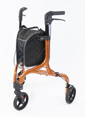 Purple NRS Freestyle 3 Wheel Rollator with black storage bag and self-locking brakes, white background, front view.