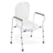NRS Mowbray Lite Plus Toilet Aid with curved backrest, adjustable width legs and armrests, shown from front view.