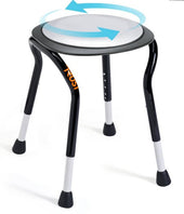 Black and white shower stool with round rotating seat and four adjustable legs, shown from a side angle.