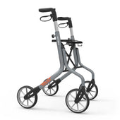 Lightweight grey rollator walker with large wheels and ergonomic handles, front view.