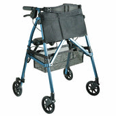 Blue Stander EZ Fold N Go Rollator with four wheels, black front storage bag and mesh basket under the seat, front view.