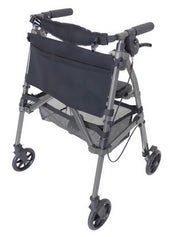 Blue Stander EZ Fold N Go rollator with 4 wheels, seat, pouch and hand brakes, shown folded for easy transport, side view.
