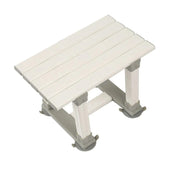 White PVC slatted bath seat with open slats and raised legs, designed for use in the bath or shower, front angle view.