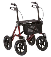 Red Dietz Taima XC rollator with large wheels, hand brakes, mesh basket and seat, side view.