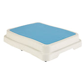 White plastic bathroom step with blue non-slip top, shown from above.