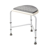 NRS Nuvo Corner Shower Stool with grey padded seat, height adjustable legs and rubber feet, shown from a front angle.