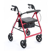 Blue NRS A-Series rollator with four wheels, black seat, height adjustable handles, hand brakes, and storage pouch, front view on white background.