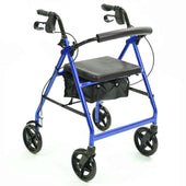 Blue NRS A-Series rollator, lightweight frame, height adjustable handles with hand brakes, padded seat and black bag, front view.