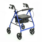 Blue NRS A-Series rollator, lightweight frame, height adjustable handles with hand brakes, padded seat and black bag, front view.