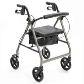 NRS A-Series Rollator in silver with four wheels, hand brakes, adjustable handles, seat and pouch, side view.