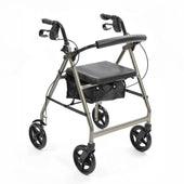 NRS A-Series Rollator in silver with four wheels, hand brakes, adjustable handles, seat and pouch, side view.