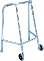 Trulife adjustable height wheeled mobility frame with aluminium build, two wheels and rubber-tipped legs, front angle view.