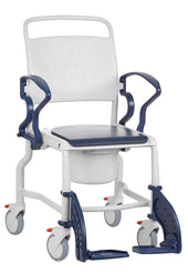 Mobile shower commode chair with swing-away arms, adjustable footrests and removable seat container, front angle view.