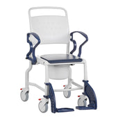 Mobile shower commode chair with swing-away arms, adjustable footrests and removable seat container, front angle view.