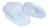 Aidapt slipper bedpan with lid on a plain white background, top angle view.
