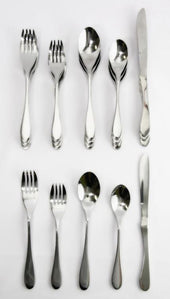 Five-piece Buckingham Knork cutlery set arranged in two rows on a white background, top view.