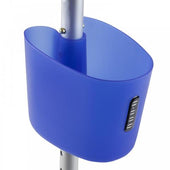 Blue plastic basket for Buckingham crutch, designed to hold small items, shown attached on the side view.