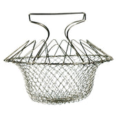 Aidapt stainless steel collapsible cooking basket with handle for straining vegetables, side view.