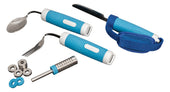 Weight adjustable cutlery set with blue handles, strap, metal weights and washers on a white background, front view.