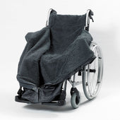 Grey NRS Freestyle Wheelchair Cosy with thick dark fleece lining, plain white background, front view.
